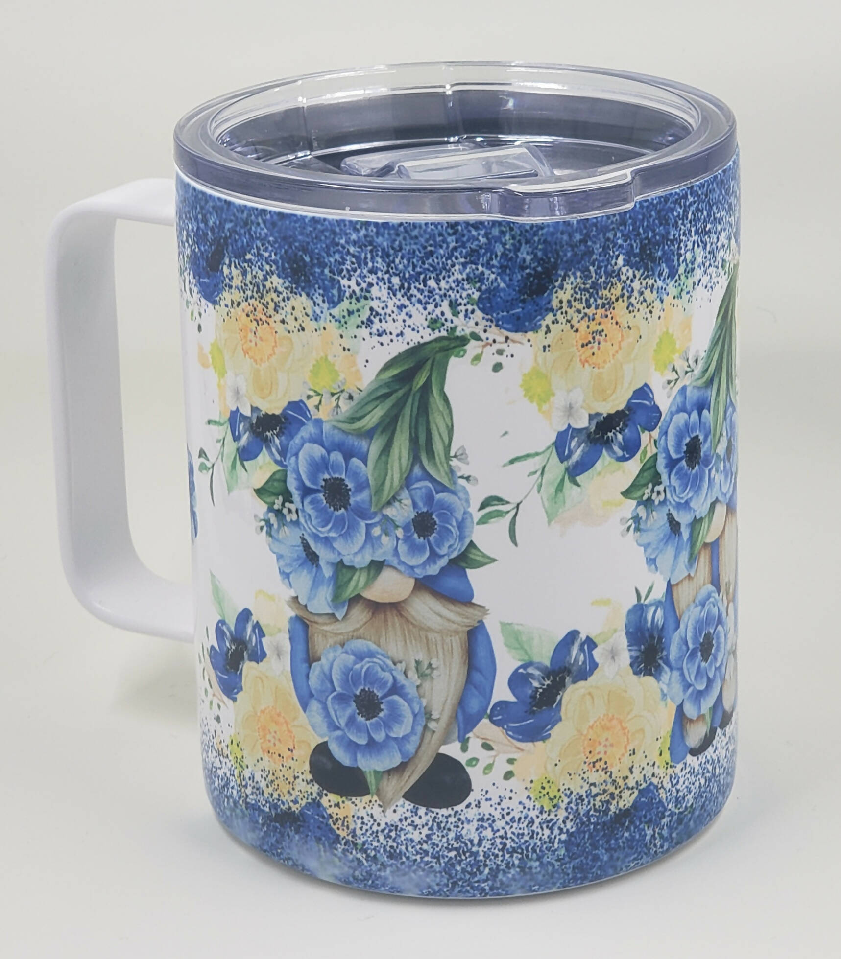 12oz. Stainless Coffee Mug w/Lid - Gnome w/Blue Flowers