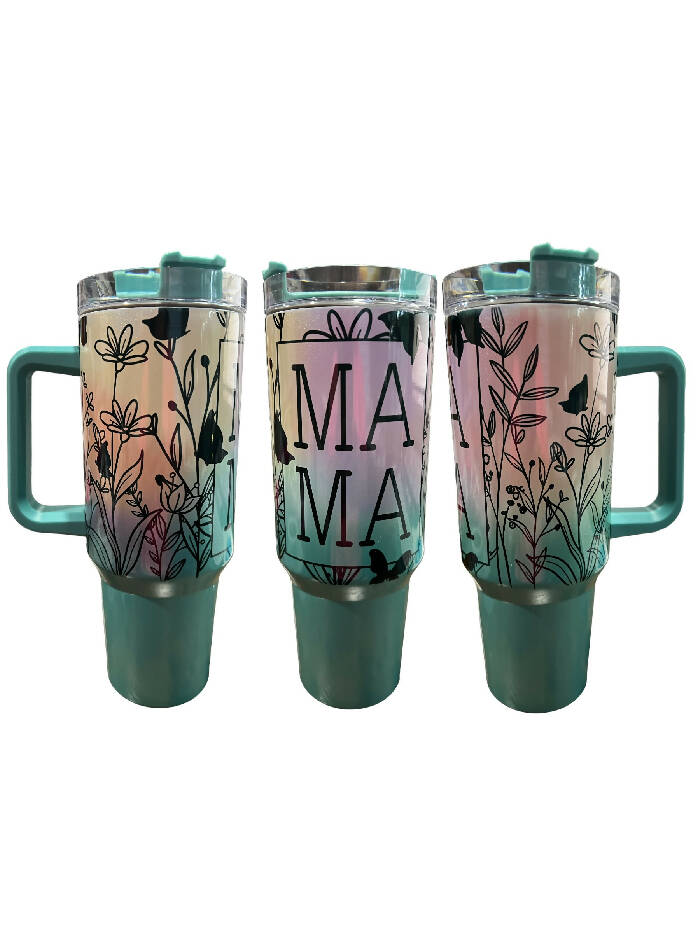 Mama wildflowers SHIMMER - teal - 40 oz quencher tumbler