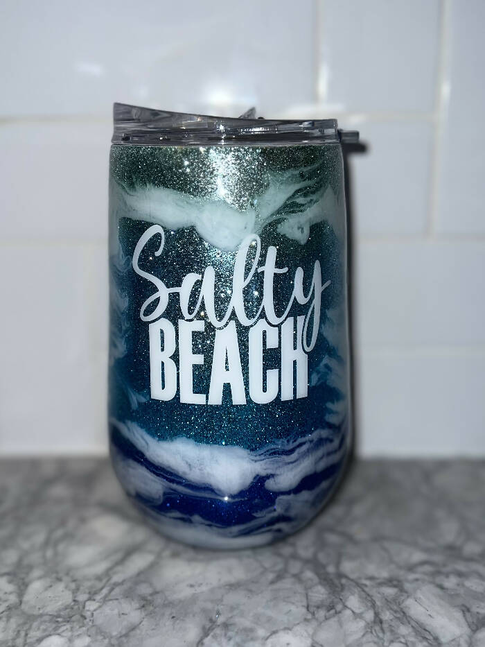 15oz salty beach glitter ocean wine cup