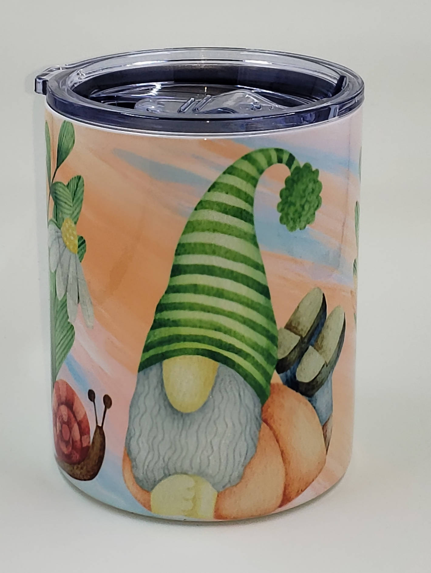 12oz. Stainless Coffee Mug with Lid - Gnome with Flowers