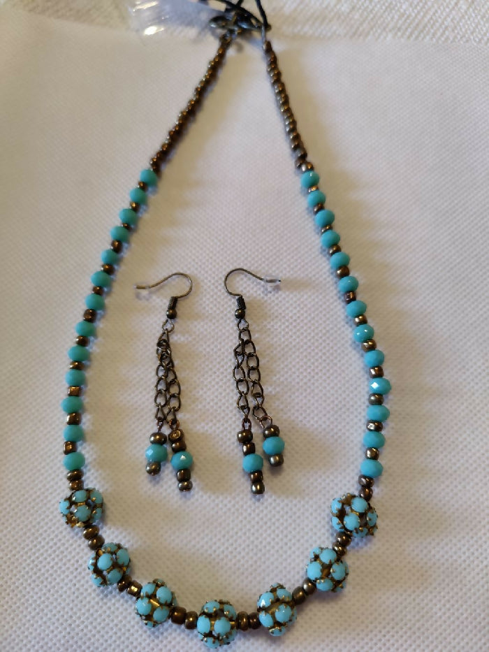 NE #318 Rondell Crystals Blue Turquoise w/ Bronze 18-1/2inch w/ Earrings