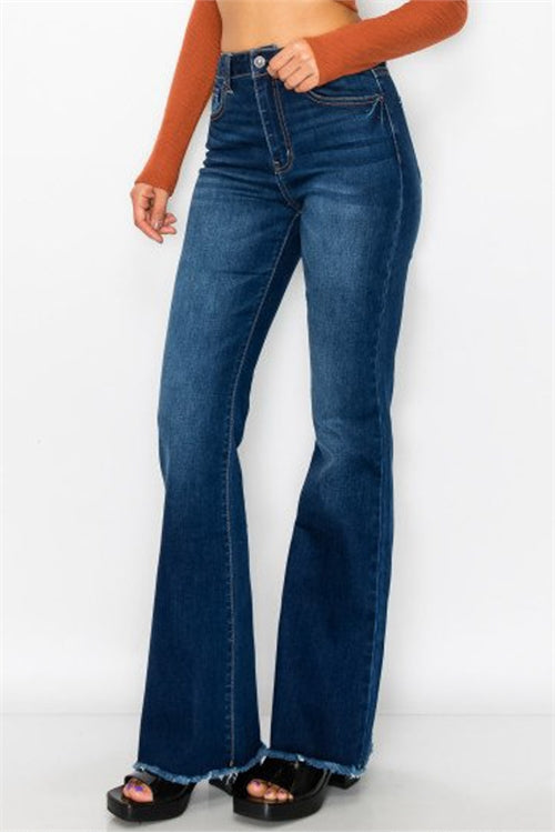 Women's Dark Wash Flare Cut Boutique Jeans with a Frayed Hem