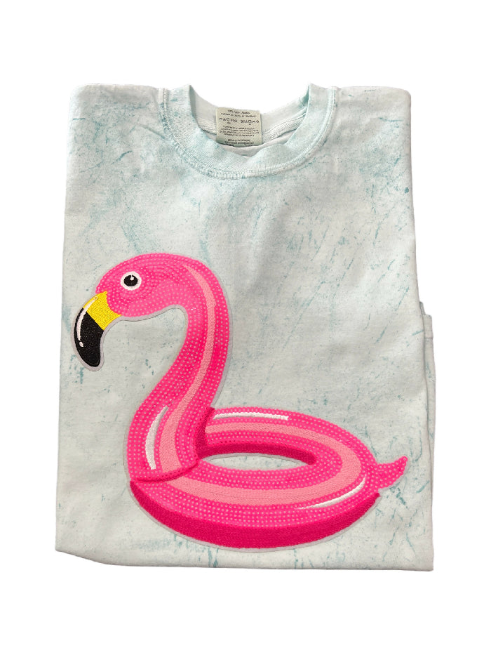 Flamingo Floatie sequin patch short sleeve tee