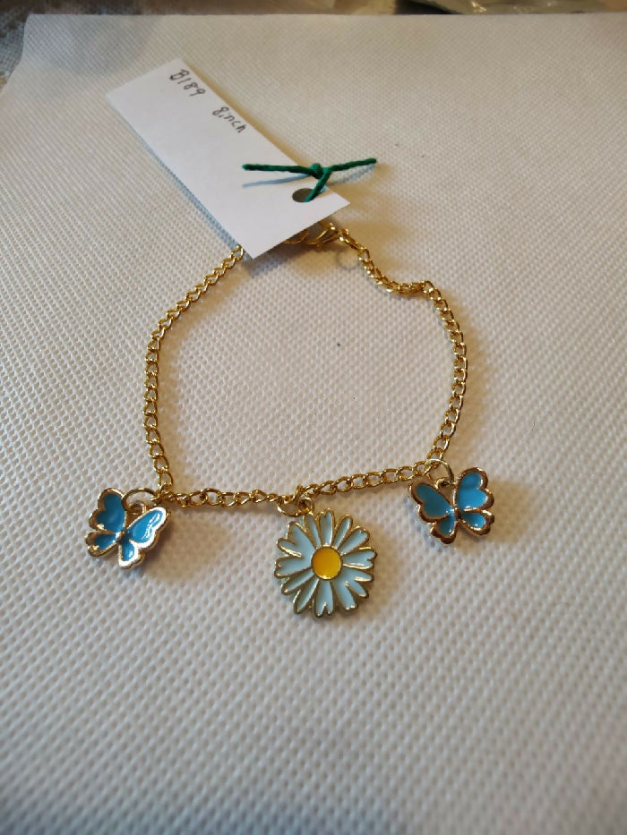 B #189 Gold tone chain 8 inch with Daisy and Blue Butterflies