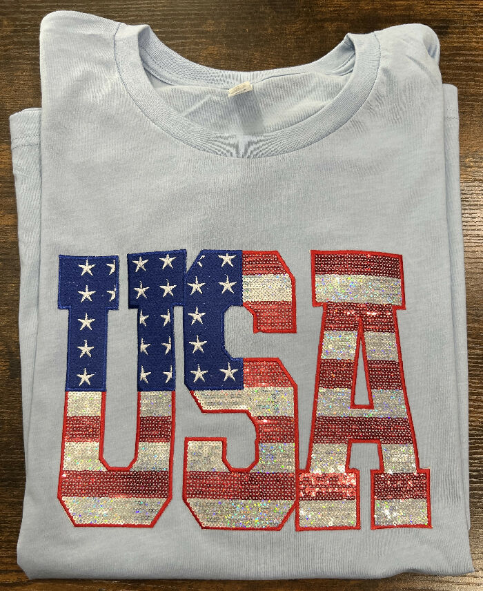 USA sequin patch short sleeve tee