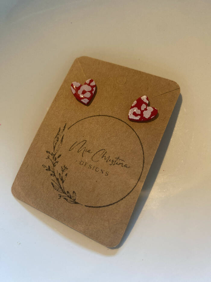 Red cheetah heart studs with resin
