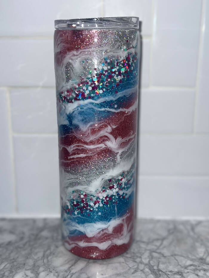 20oz skinny pink and blue glitter swirl cup