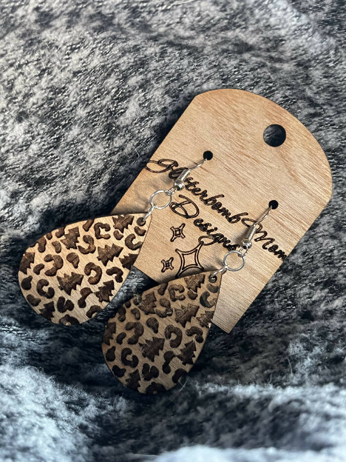 Cheetah leopard engraved Christmas tree earrings