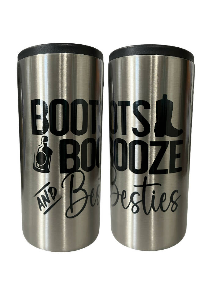 Boots, Booze & Besties 12 oz slim can koozie