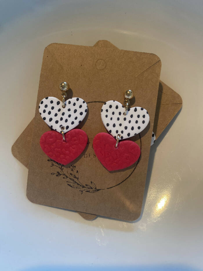 Pink and white with black polka dot heart dangles
