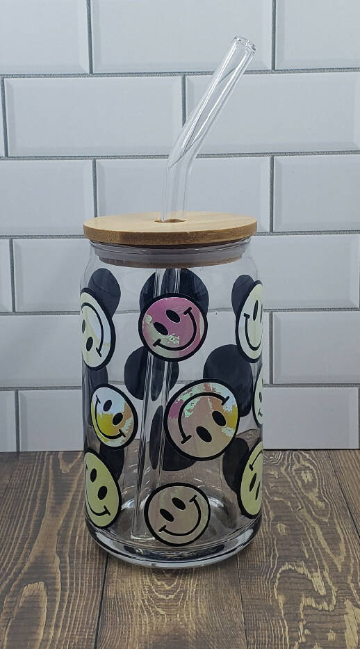Iced Coffee Glass- Smiley Faces - Iridescent