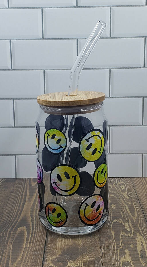 Iced Coffee Glass- Smiley Faces - Tie Dye
