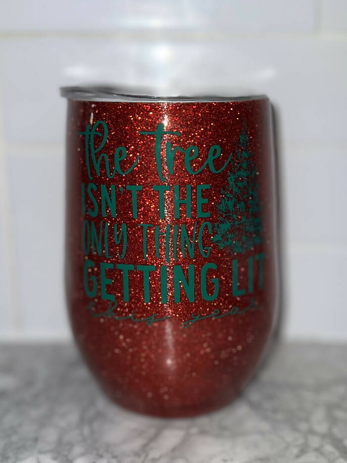 14 oz red glitter getting lit wine cup