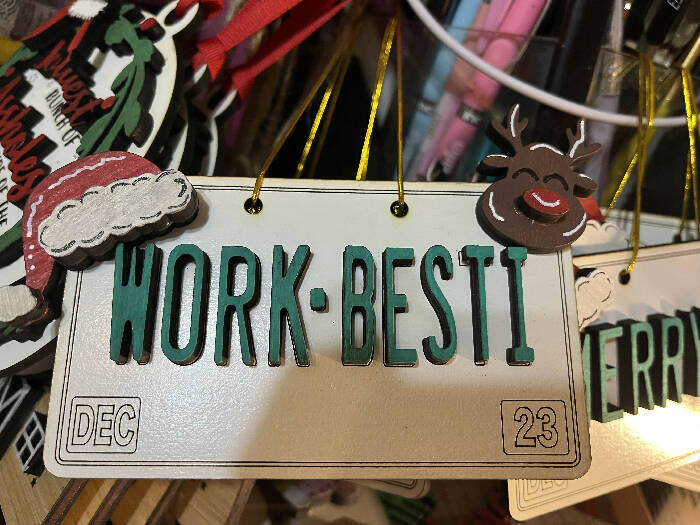 Work besti license plate Christmas ornament