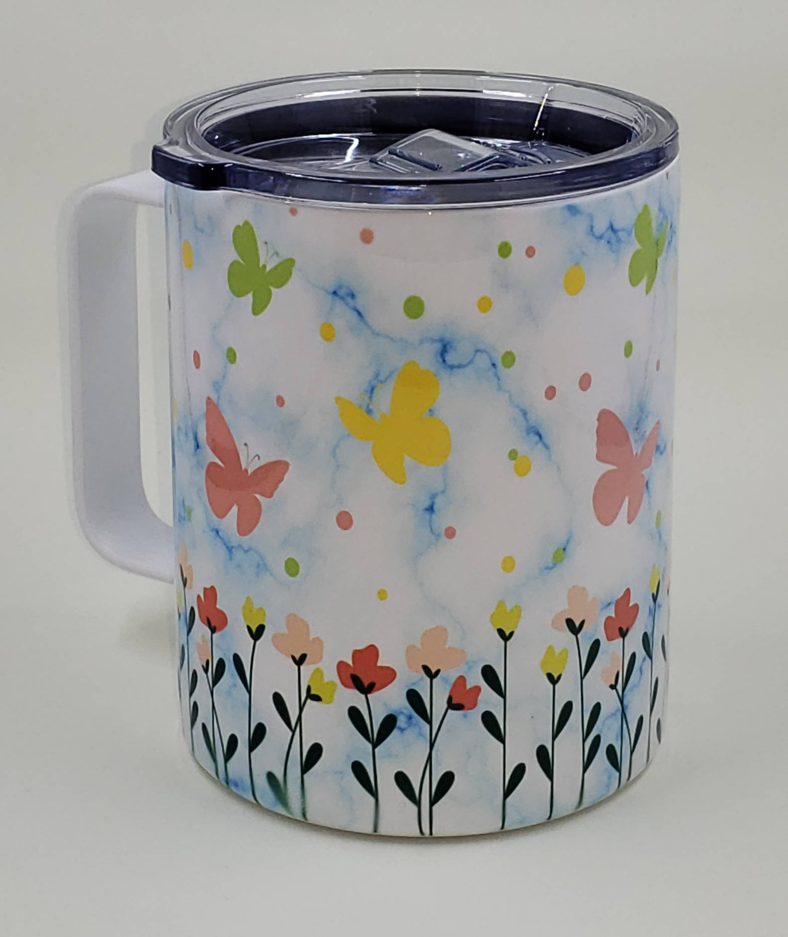 12oz. Stainless Coffee Mug w/Lid - Butterflies and Flowers