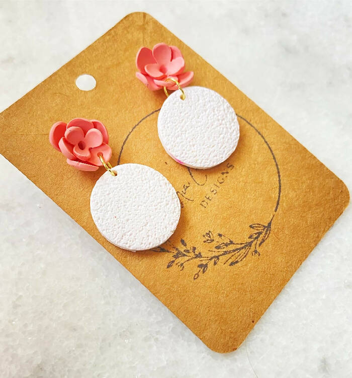 Pink flower stud with circle dangle